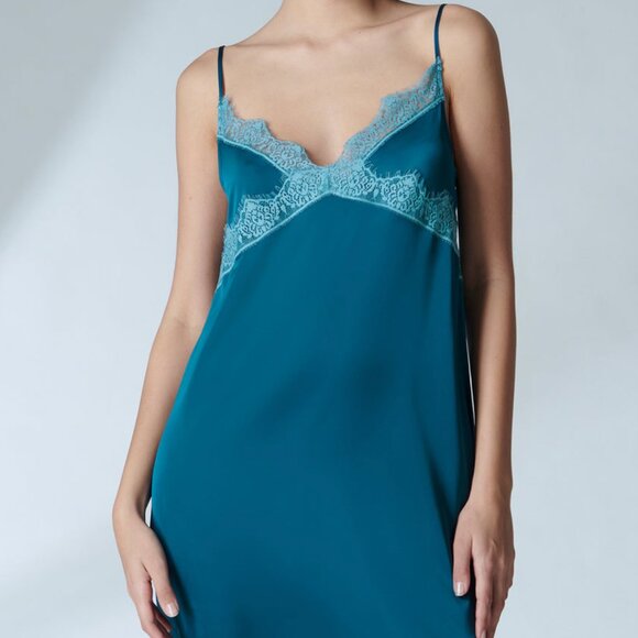 Simone Perele Blue Satin Slip V Neck Lace Adjustable Straps XS S FR Cami Chemise - Picture 2 of 4
